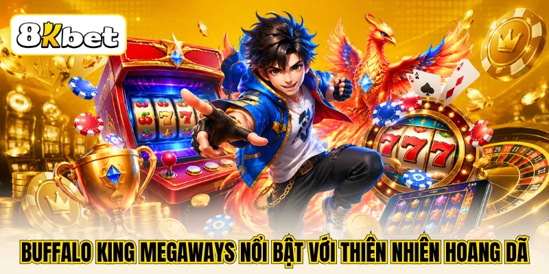 8KBET Hợp Tác OK33 - Hội Tụ Nhiều Dòng Game Casino Nổi Bật 4 Buffalo King Megaways nổi bật với thiên nhiên hoang dã